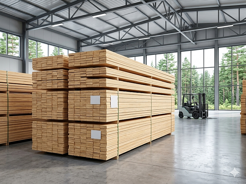 Pine wood planks warehouse