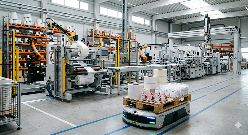 automated industrial factory for packaging products